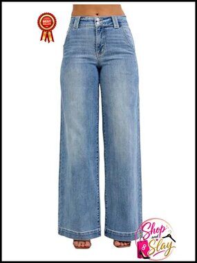 High Waisted Trouser Wide Leg Jeans, Cotton Blend, Loose Fit